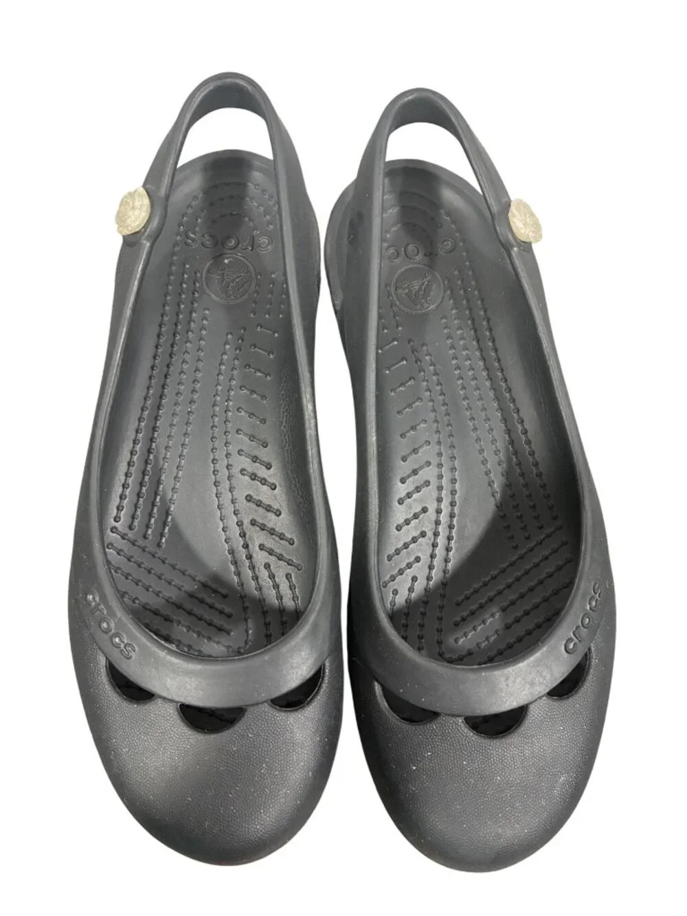 Crocs Jayna Black Slingback Flats Womens Size 7 Rubber Rose Detail Comfortable